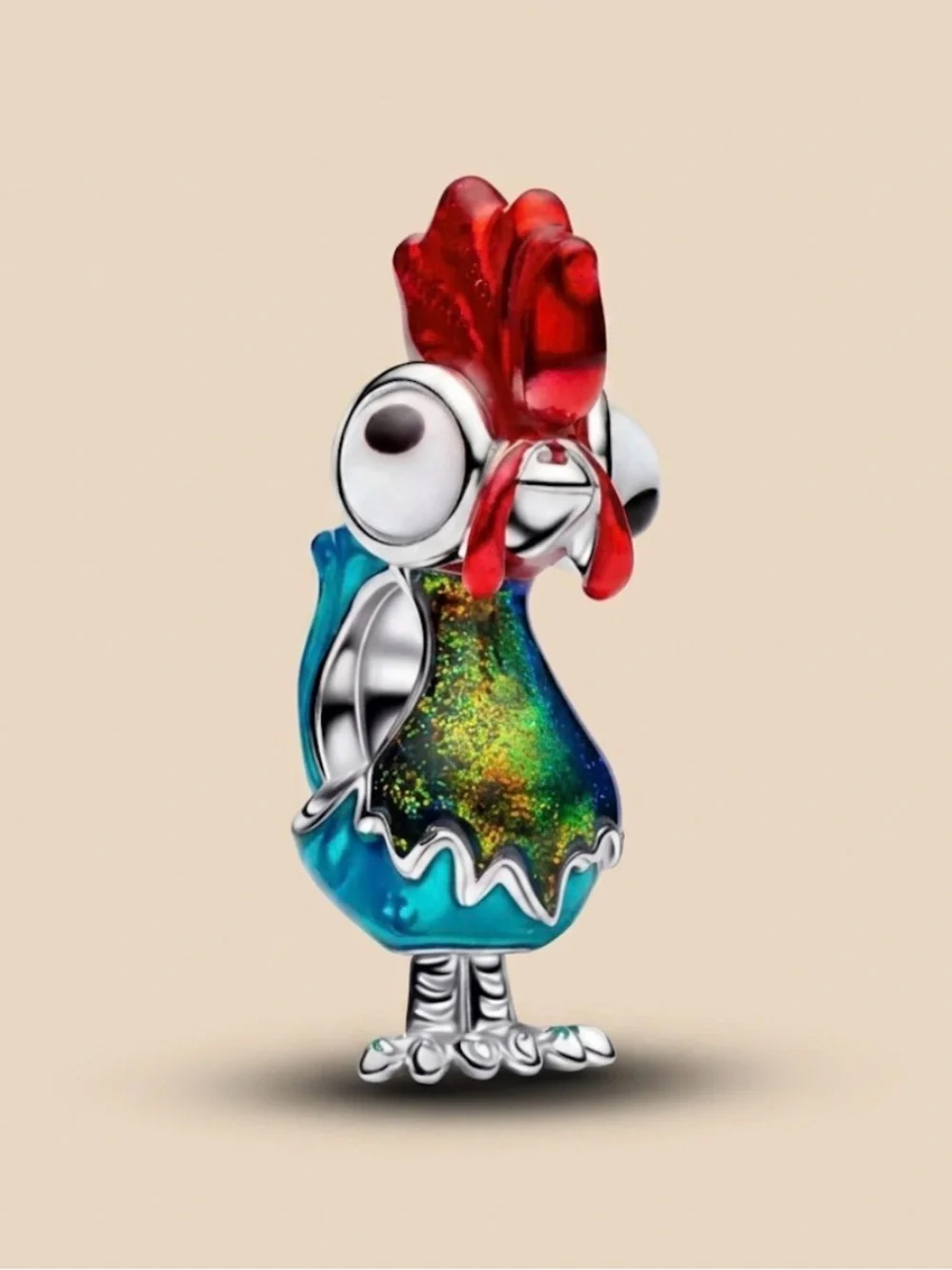 Sterling silver Colorful Rooster Bird Charm - Blue & Red Enamel